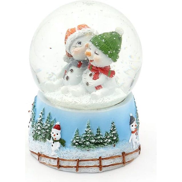 Sneeuwbol met sneeuwkinderen met muts op op een uitvoerig versierde sokkel, afmetingen L/B/H: 6,5 x 6,5 x 9 cm, bol Ø 6,5 cm.