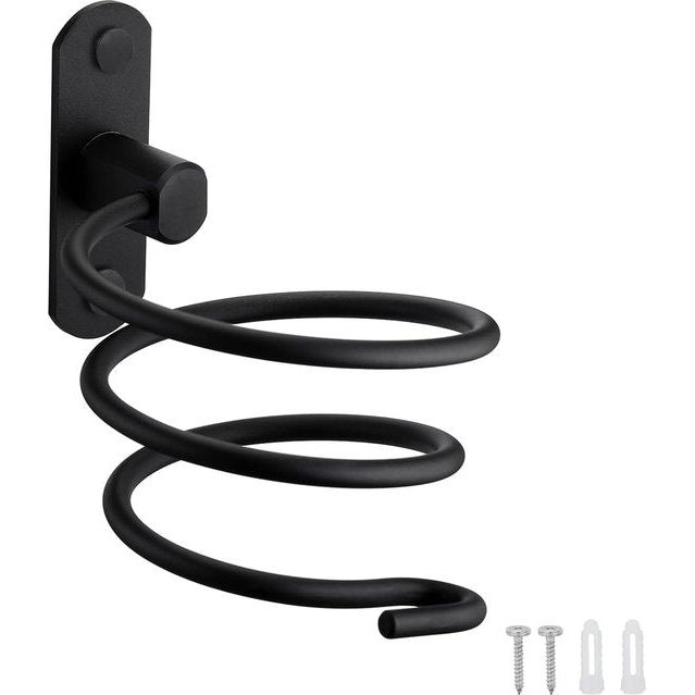 Föhnhouder, föhnhouder, föhnhouder, wandmontage, niet boren, zelfklevend, aluminium, met kabelhouder, zwart