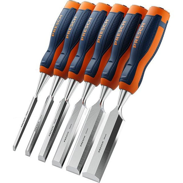 Houtbeitelset 6-dlg. - Scherpe beitelset (6, 12, 18, 24, 32, 38 mm) - Professionele beitelset met 25° wighoek inclusief robuuste metalen slagkap - Finish geslepen en gezoet