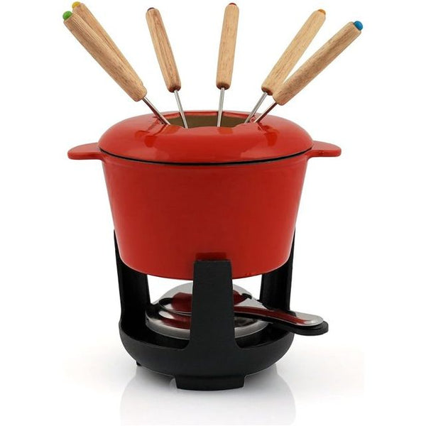 Gietijzeren fondueset voor 6 personen, 1 liter, fondueset 13-delig met branders en vorken, fondueset, kaasfondue-set, vleesfondueset, chocoladefondueset (rood/crème geëmailleerd)