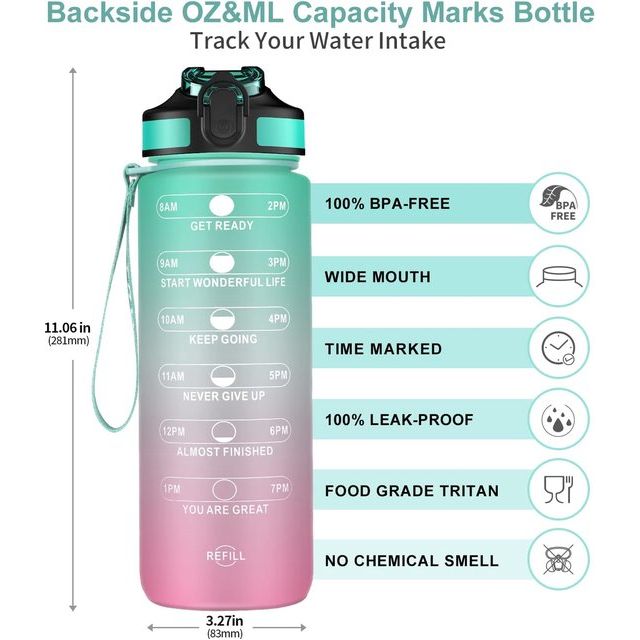 Tritan drinkflessen 1 Liter met BPA-vrij rietje, 1l Waterfles met tijdstempel, lekvrije Sportwaterflessen met scharnierend deksel voor Fitness Gym Yoga Trips