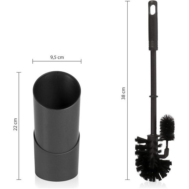 Toiletborstel, toiletborstel, wc-borstel, zwart, met 2 reserveborstels, toiletborstel met randreiniger, wc-borstelset van kunststof