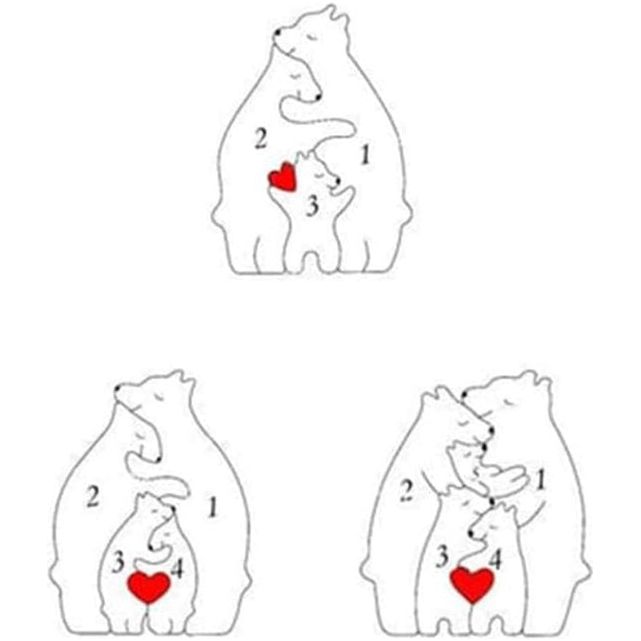 Familiepuzzel beren van hout, gepersonaliseerde houten kunstpuzzel van de berenfamilie, houten beer-sculpturen desktop ornament home tafeldecoratie, cadeau voor familie (4 beren)