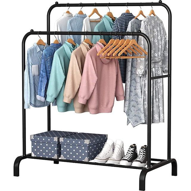 ACCSTORE Kledingrek Rail metalen kledingrek vrijstaande hanger dubbelpolige slaapkamer kledingrek met onderste opbergplank voor dozen schoenen,zwart