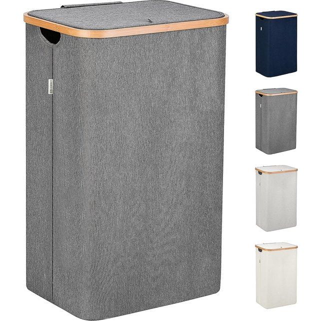 Lonbet - Grijze Wasmand met deksel en handgrepen XXL 100 L, grote wasmand, wasbak, Laundry basket with lid & handles