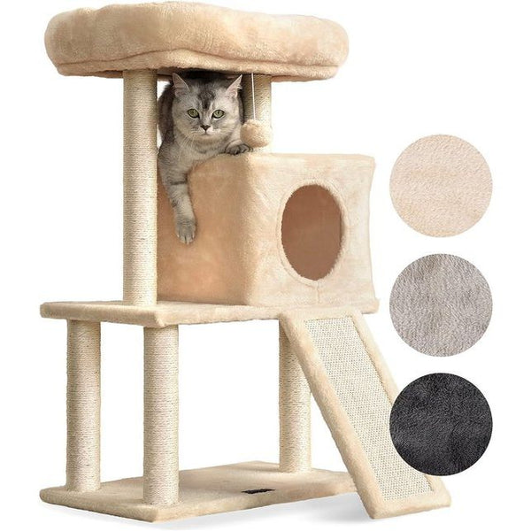 Krabpaal klein/middelgroot (83 cm), kattenboom met sisaltouw en helling in 3 kleuren, kattenboom met pluche ligbak incl. kattenmand