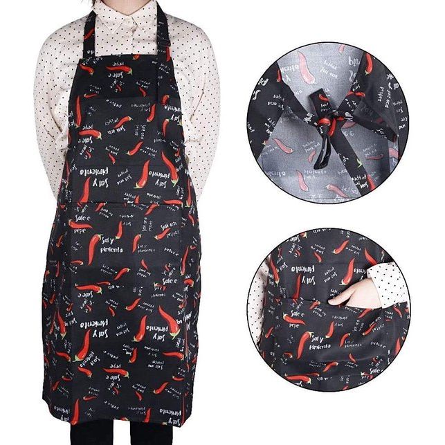 Unisex kookschort met kookmuts verstelbaar chili-patroon schort met bakkershoed keukenschort voor keuken, bakken, knutselen, grtners en grillen (rood en zwart)