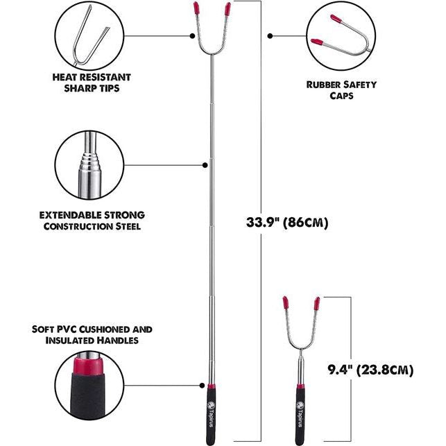 4 uitschuifbare campingstokken voor het roosteren van marshmallows, duurzame roestvrijstalen uitrusting, spiesen met geïsoleerde handgrepen, telescopische vorken, keukengerei voor s'mores, hotdogs en shish kebabs