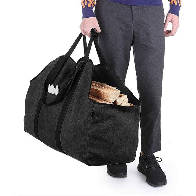 Extra grote brandhoutdrager, houten mand, brandhouttas, draagtas van zeildoek met 2 handgrepen, zwart