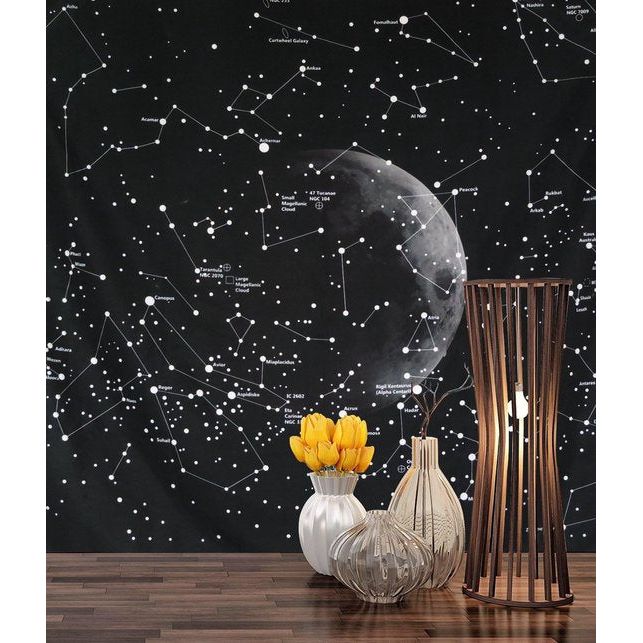 Sterrenhemel wandkleed maan zwart wandtapijt nacht hemel wanddoek sterrenbeelden psychedelisch tapijt 130 x 150 cm
