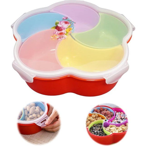 Snacks-opbergdienblad, snack opbergdoos met deksel, bloemenvorm, snack, dienblad, bloemenvorm, snoepdoos, uitneembare vakken met deksel, kunststof, 5 vakken, droogfruitbord