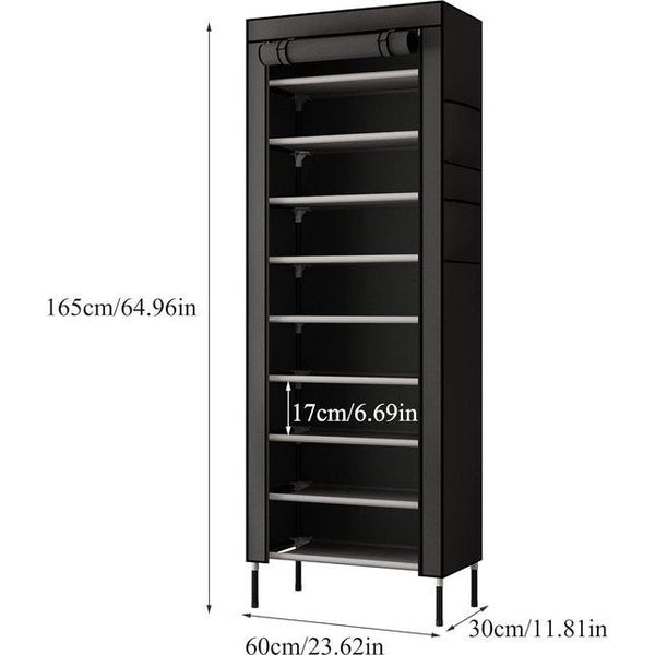 10 lagen 16 mm extra dikke staven stevige schoenenkast opbergorganizer standaard 58 x 28 x 170 cm met extra dikke Oxford stof stofdichte hoes houdt tot zwart