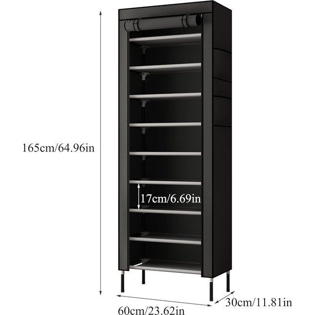 10 lagen 16 mm extra dikke staven stevige schoenenkast opbergorganizer standaard 58 x 28 x 170 cm met extra dikke Oxford stof stofdichte hoes houdt tot zwart