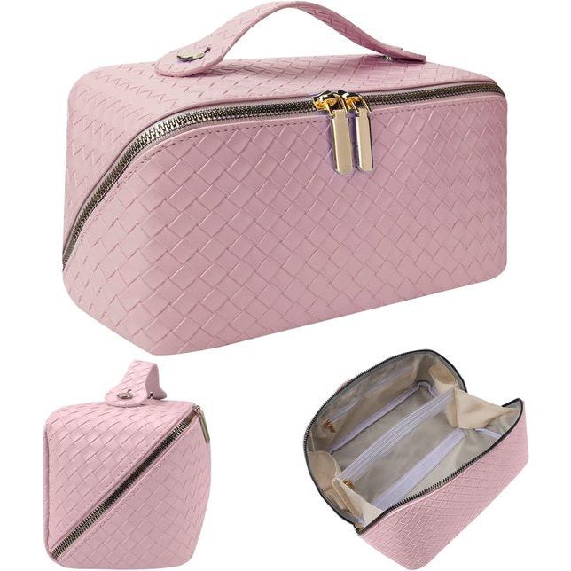 Draagbare make-uptas, reis-cosmeticatas voor dames, multifunctionele lederen make-uptas, make-up tas met grote inhoud, cosmeticatas organizer, vlechten serie, roze 2, morden