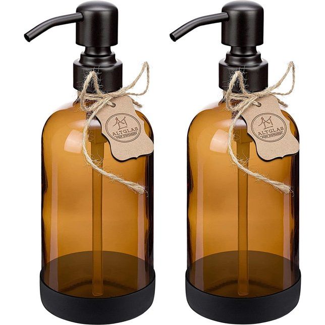 Zeepdispenser 'Sarajevo' - dubbele set douchedispenser van bruin glas fles met siliconen onderzetter en 304 dubbele pompkop in mat zwart (2 stuks van 500 ml)