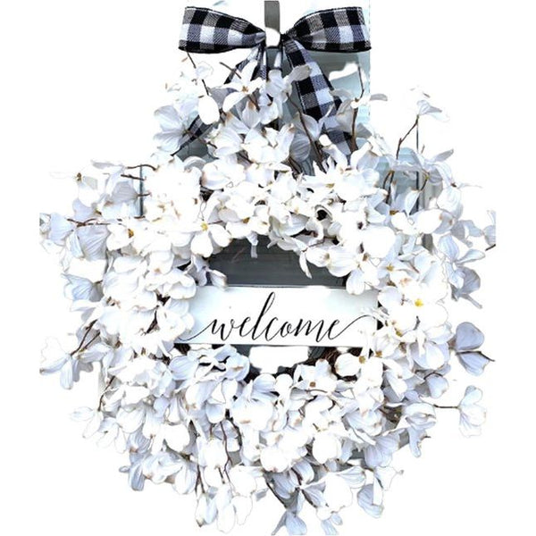 Kunstbloemenkrans Welkom Witte Kornoelje Krans voor Voordeur Bloemenkrans Hangend voor Voordeur Woonkamer Muur Tuin Bruiloft Festival Decoratie (Wit, 45cm x 45cm x 5cm)