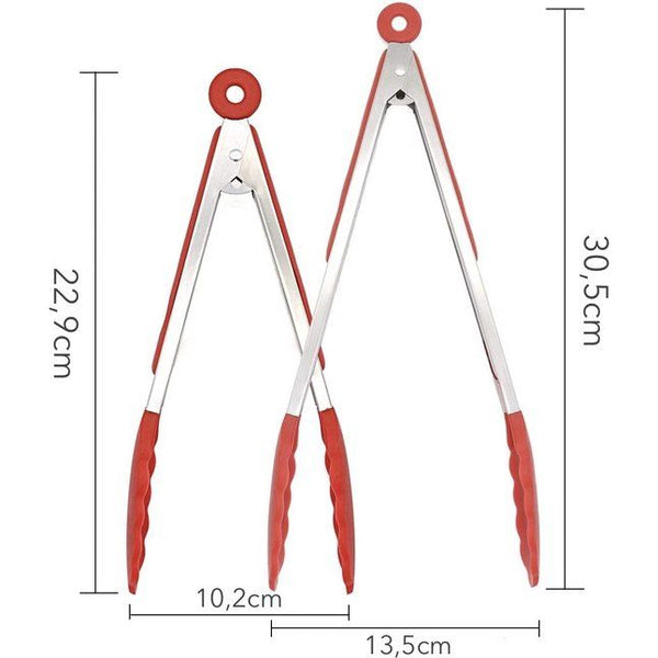 Keuken- en barbecuetang, roestvrij staal, met geïntegreerd siliconen standvoetje, hittebestendige tang voor koken, servers, grillen, set van 2 stuks, rood