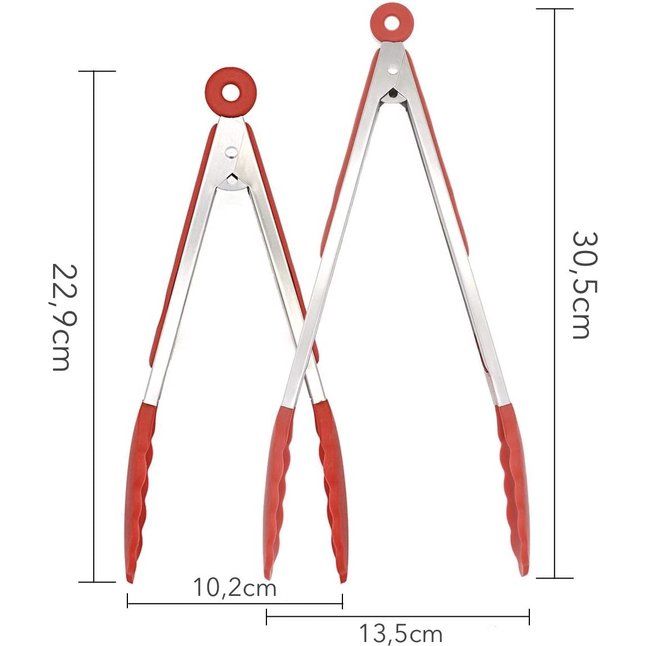 Keuken- en barbecuetang, roestvrij staal, met geïntegreerd siliconen standvoetje, hittebestendige tang voor koken, servers, grillen, set van 2 stuks, rood