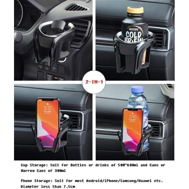 Autobekerhouder voor ventilatie, bekerhouder, mobiele telefoonhouder, geschikt met 7,8 cm diameter flessenhouder, blikjeshouder drankhouder voor alle telefoons