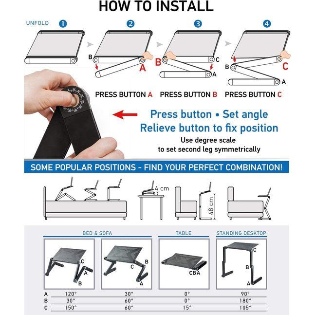 Ergonomische laptopstandaard, verstelbaar voor laptop of notebook, gemaakt van licht aluminium, zwart.