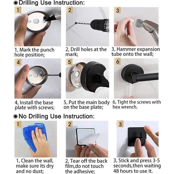 8-delige roestvrijstalen badkameraccessoireset, handdoekenrek, toiletrolhouder, handdoekring, kapstok, 2 zelfklevende haken, 2 scheermeshouders (zwart)