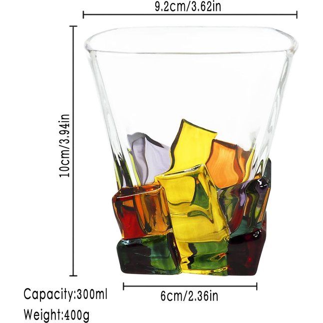 handbeschilderd stijlvol cocktailglas kleurrijk gestreept kristalwijnglas voor Scotch, Bourbon, likeur voor Scotch-liefhebbers (kleurrijk vintage glas met gestreepte ijsblokjes)