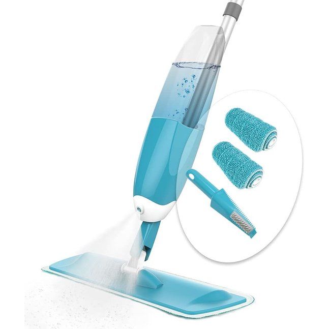 Wisser met sproeifunctie, sproeiwisser met 650 ml watertank, vloerwisser met sproeimondstuk, spray mop met 2 microvezelhoezen, blauw