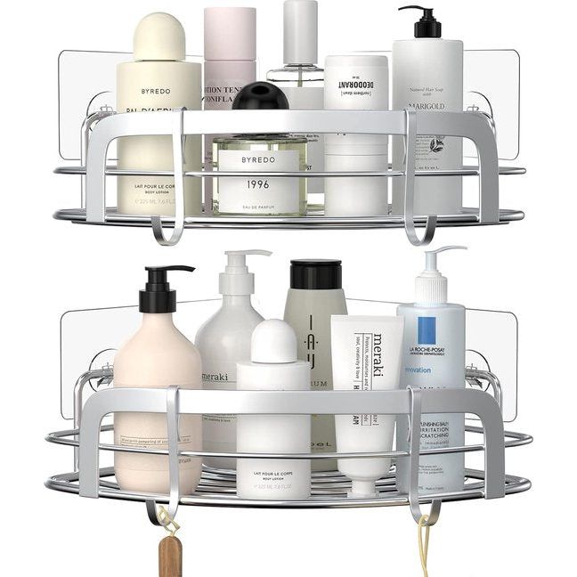 Doucheplank zonder boren, doucheplank, 2 stuks met 4 haken, roestvrijstalen wandgemonteerde badkamerplank, badkameraccessoires, shampoohouder voor douche