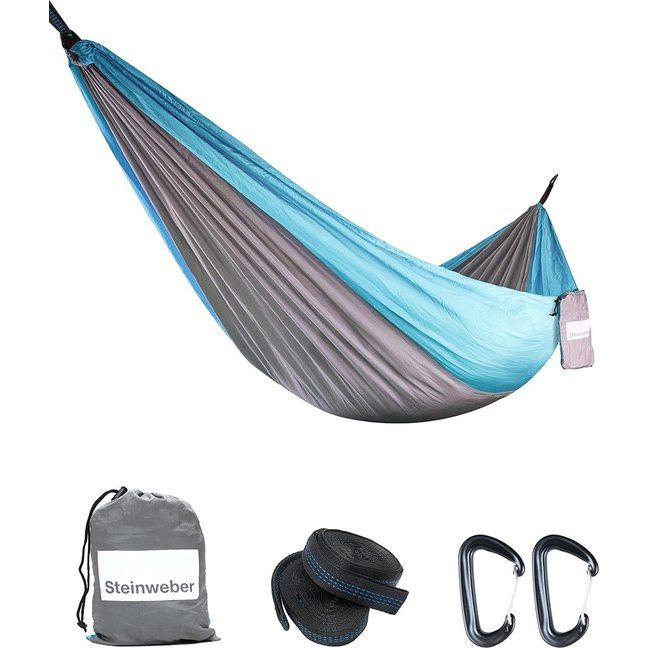 Outdoor hangmat met ophanging en karabijnhaak | 2 personen XXL 285 x 160 cm | max. 250 kg | Blauw/Zwart