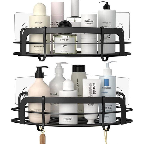 STEUGO Hoekrek douche zonder boren, zwarte shampoohouder douche zonder boren, badkamer douche opslag met 4 haakjes, 2 stuks, roestvrij staal