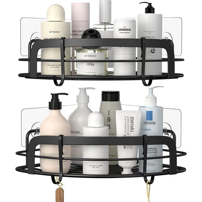 STEUGO Hoekrek douche zonder boren, zwarte shampoohouder douche zonder boren, badkamer douche opslag met 4 haakjes, 2 stuks, roestvrij staal