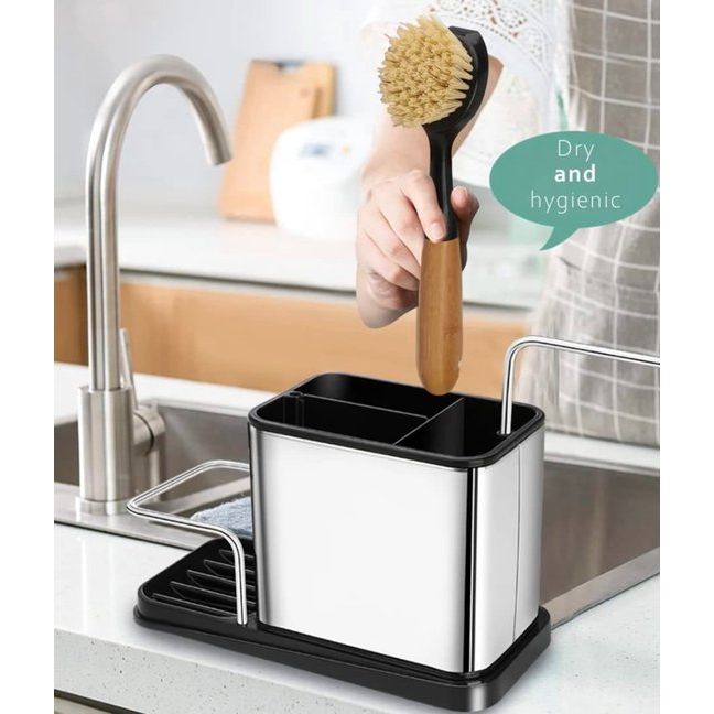 Spoelbak-organizer, roestvrij staal, met sponshouder, spoelbak - opslag spoelaccessoires met sponshouder keuken - afwasorganizer veilig en vaatwasmachinebestendig - gootsteen caddy