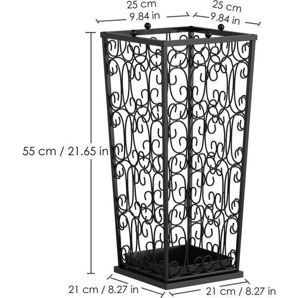 Grote zwarte metalen paraplubak, wandelstok, thuiskantoor, hal, opbergruimte, met 4 haken aan de bovenkant en een bodem die regenwater lekt, 56 x 25 x 25 cm