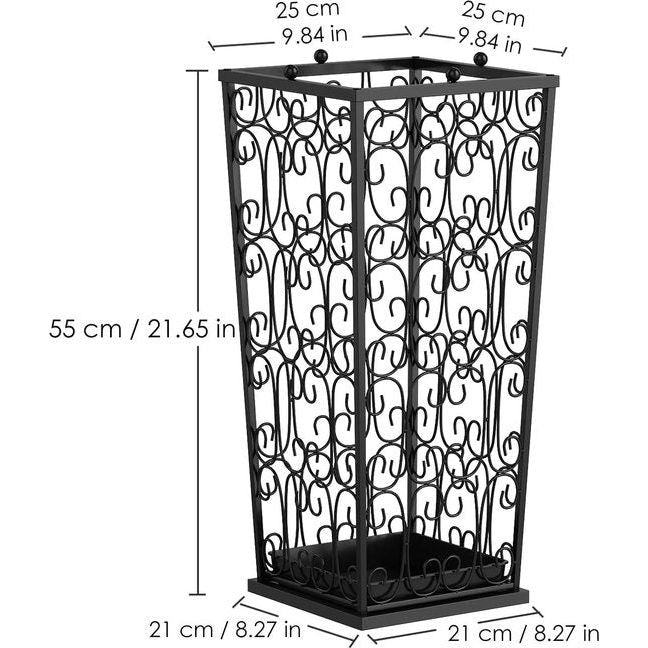 Grote zwarte metalen paraplubak, wandelstok, thuiskantoor, hal, opbergruimte, met 4 haken aan de bovenkant en een bodem die regenwater lekt, 56 x 25 x 25 cm