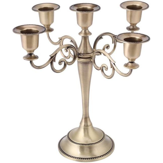 Kandelaar, 5-armige metalen kandelaar, meerarmige kandelaar, staafkaarsen, stompkaarsen voor Kerstmis en oogstfeest (brons)