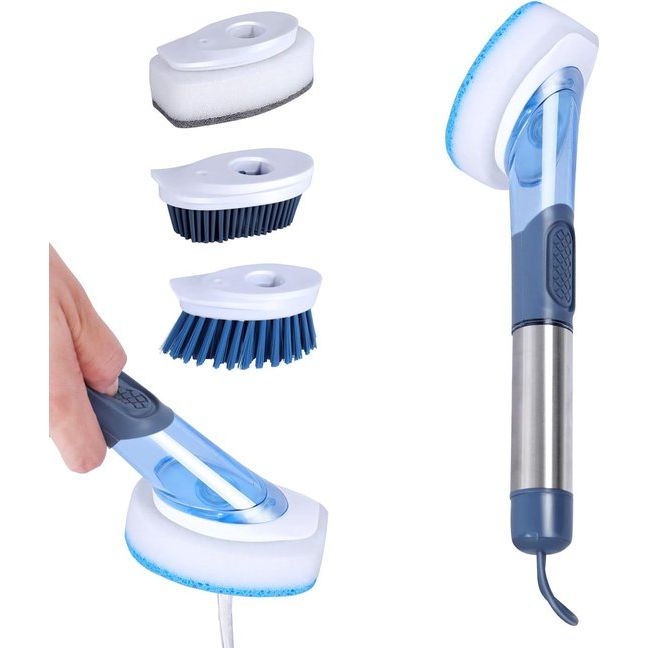 Afwasborstel met afwasmiddeldispenser, reinigingsborstel met 4 verschillende reservekoppen, keukenreinigingsborstel met 27 cm steel voor servies, potten, keukenspoelbakken reiniging