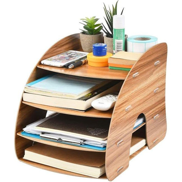 Bureau, hout, bureau, documentenplank, bureauplank met 4 opbergvakken, 34,5 x 25 x 26,8 cm, bureau, tafel, documentenhouder, organizer, A4-papierorganizer voor bureautafel, bureau