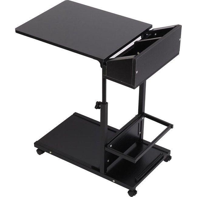 hoogte verstelbare C-vormige bijzettafel met wieltjes, veelzijdige salontafel, verzorgingstafel laptoptafel met opslag, mobiel nachtkastje voor slaapkamer, houten plaat, zwart