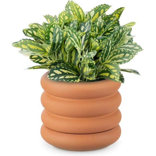 Bloempot in ribbeldesign, plantenpot van terracotta met ribbels, 16 x 14 cm, bloempot voor kamerplant in geribbelde vorm, bloempot met onderzetter