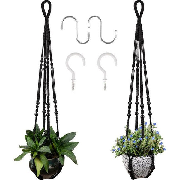 Macrame hangende mand set van 2, boho decoratieve katoenen touw hangende mand bloempot plantenhouder hanger voor binnen buiten plafond balkon wanddecoratie, 89 cm (zwart)