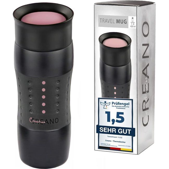 Design Travel Mok 420ml, Coffee to Go beker, thermobeker, isoleerbeker, houdt 4 uur warm / 7 uur koud, 100% dicht en lekvrij, 360°-drinkopening, roze