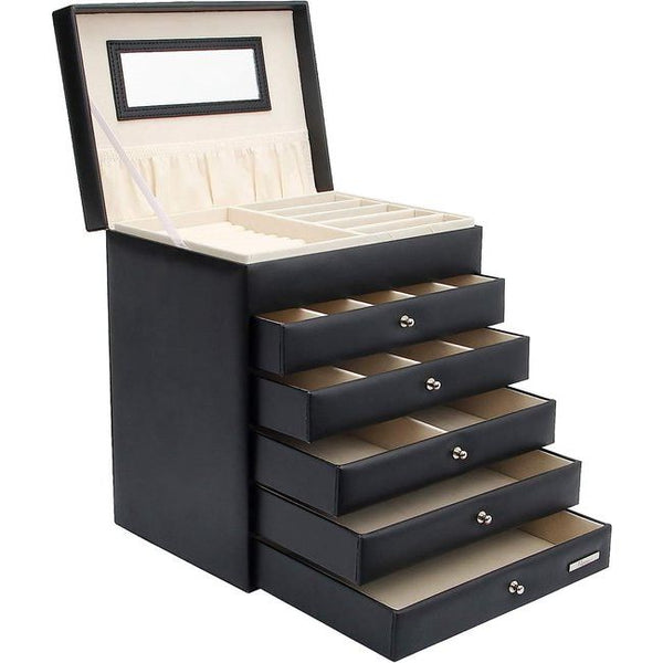 Seelux make-up-doos, sieradendoos, verkrijgbaar in verschillende maten, zwart-wit, zwart, 5 schuiflades