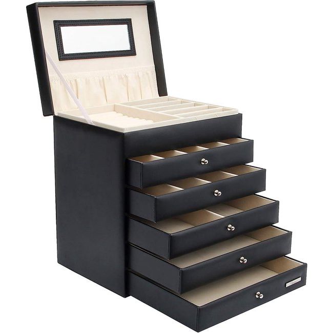 Seelux make-up-doos, sieradendoos, verkrijgbaar in verschillende maten, zwart-wit, zwart, 5 schuiflades