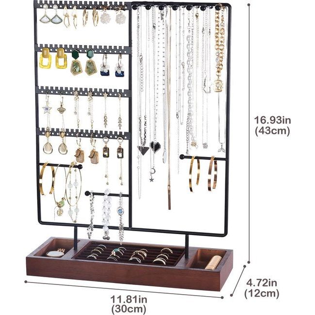 Sieradenstandaard, oorbelhouder met 144 gaten, sieradenhouder, oorstekers, kettinghouder, organizer met uitneembare ringhouder, sieradenopslag voor halskettingen, armbanden, ringen, zwart