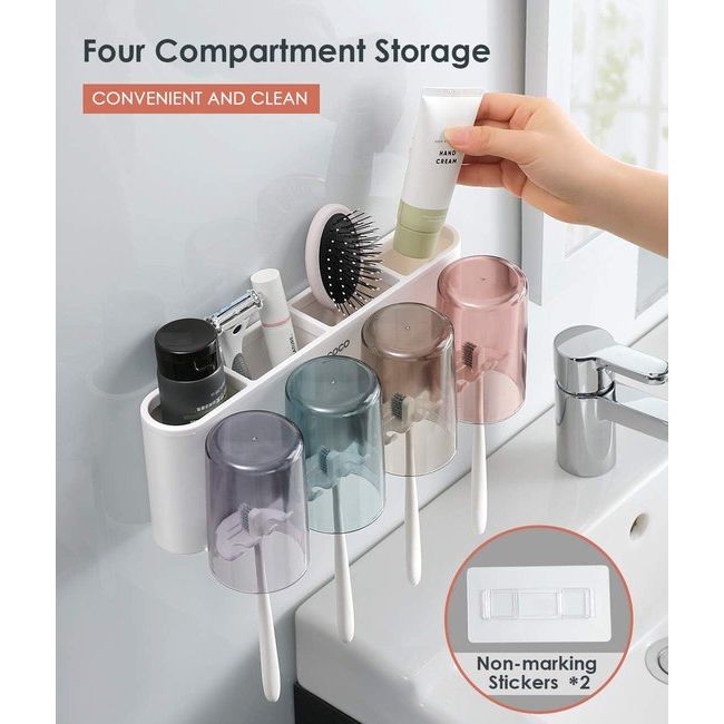 Tandenborstelhouder voor muur, kunststof tandenborstelbeker, tandenborstelhouder, zonder boren, geschikt voor kinderen en gezinnen (wit) (4 bekers)