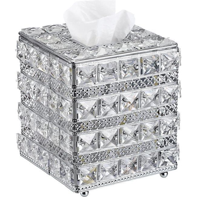 Kristal Zilver Cosmetische Tissue Box Gemaakt van Glas Metaal Tissue Box Tissue Dispenser Tissue Box Decoratie voor Woonkamer Eetkamer Hotel Restaurant Kantoor Vierkant