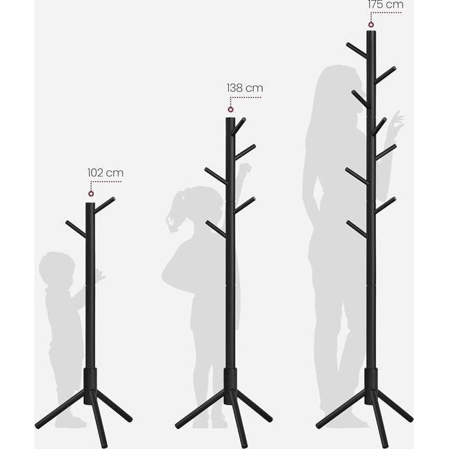 Houten boomvormige kapstok met 8 haken en 3 verstelbare hoogtes, geschikt voor kleding, hoeden, tassen. Ideaal voor gebruik in de ingang, woonkamer, slaapkamer, kantoor. Kleur: zwart.