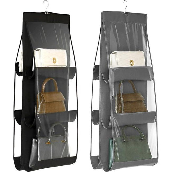 2 stuks handtasopberger, handtasorganizer hangend met 6 compartimenten, opvouwbare kledingkast handtasplank, tassenhouder voor tassen woonkamer, slaapkamer, huis, grijs/wit