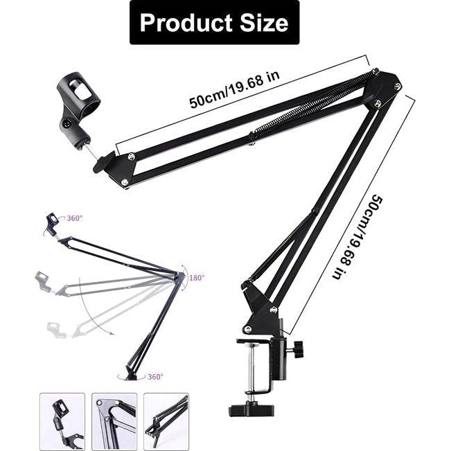 Microfoonstandaard, microfoonarmsteun, microfoon, bureau, gamingtafel met microfoonhouder, anti-vibratie, 360 graden opslag, maximaal 3 kg
