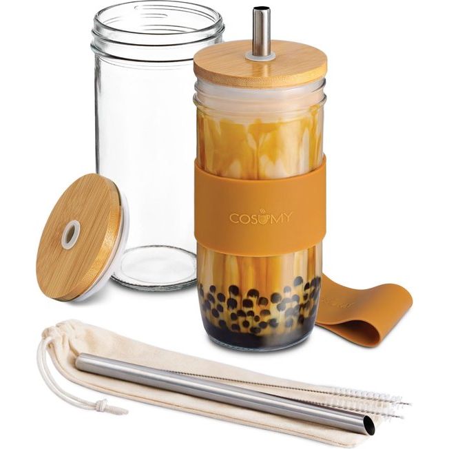 Bubble Tea beker met rietje en bamboedeksel - set van 2 glazen bekers - 720 ml - herbruikbaar - vaatwasmachinebestendig